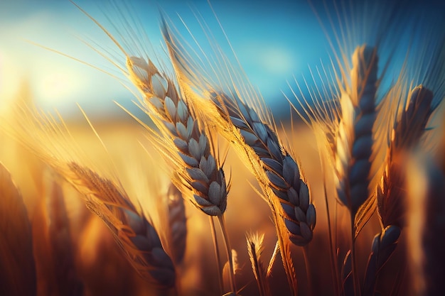 Closeup ears of golden wheat in wheat meadow generative ai