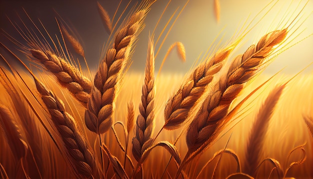 Closeup ears of golden wheat in wheat meadow with shiny light and blue sky background Generative AI