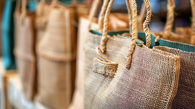 Photo closeup of ecofriendly shopping bags detailed image of reusable shopping bags made from organic materials emphasizing their design and texture photography