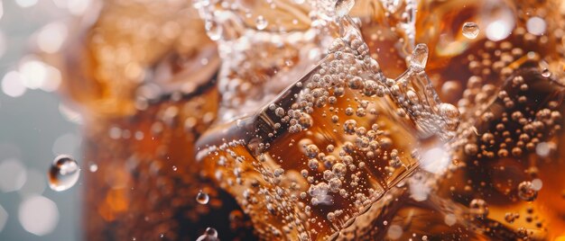 Closeup of effervescent bubbles in a golden amber liquid