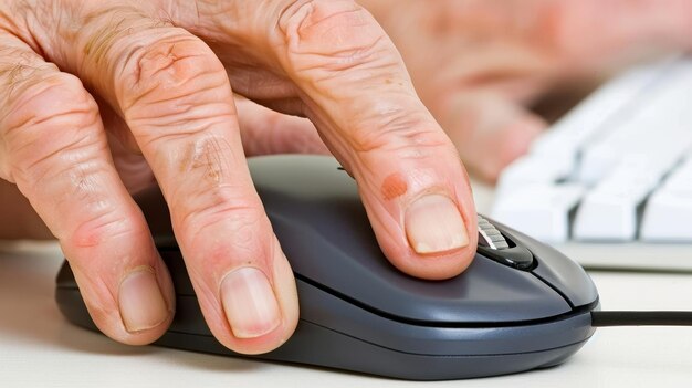 Photo closeup of elderly hands using a computer mouse highlighting agerelated skin changes