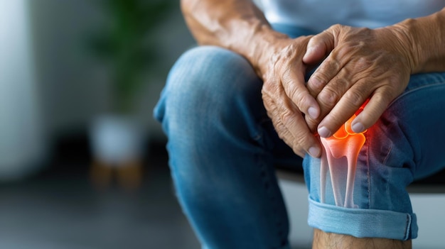 Photo closeup of an elderly man holding his knee in pain highlighting joint inflammation and potential arthritis issues