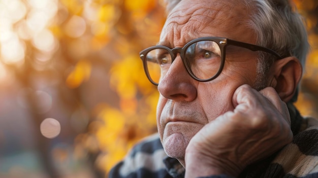 Closeup of an elderly man wearing glasses deep in thought with an autumnal background of golden leav