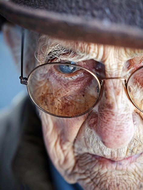 CloseUp of Elderly Man with Glasses and Hat Wisdom and Experience