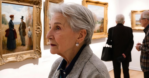 closeup of elderly patrons in an art gallery