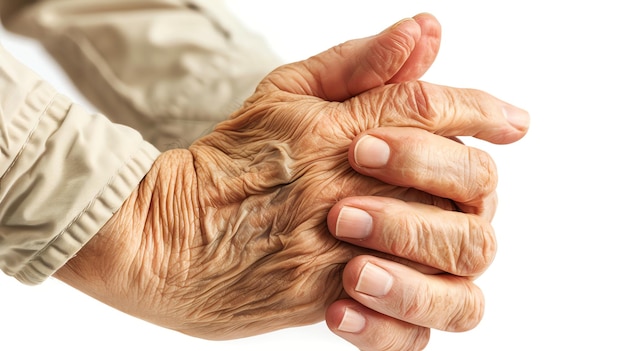 Photo closeup of an elderly persons hands clasped together