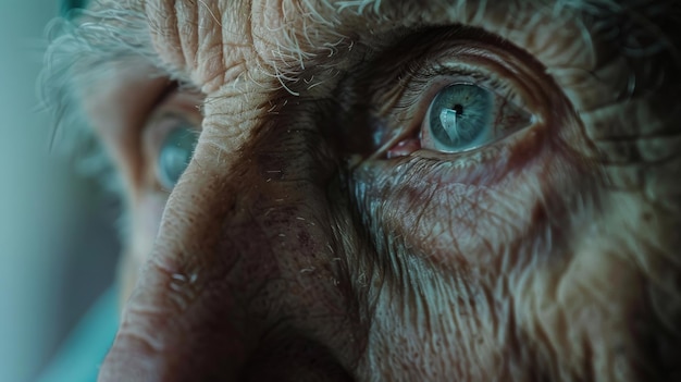 A closeup of an elderly womans blue eyes captured artistically