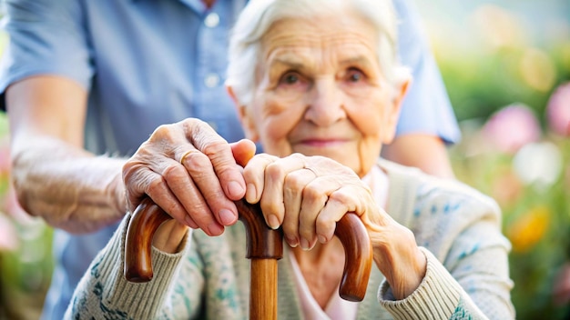 Photo closeup of elderly womans hands on cane with blurred background