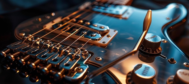 Photo closeup of electric guitar bridge and pickups for musical instrument design and detail focus