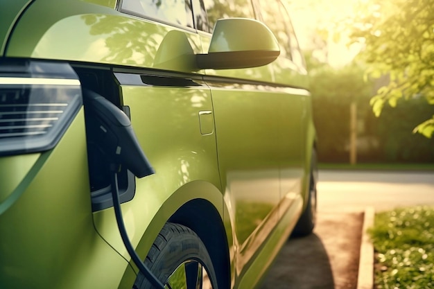 Photo closeup of an electric minibus charging from a cable on a sunny summer day