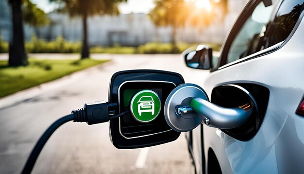 Closeup electric plug charging to ev car at at electric vehicle charging station