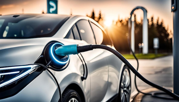 Closeup electric plug charging to ev car at at electric vehicle charging station