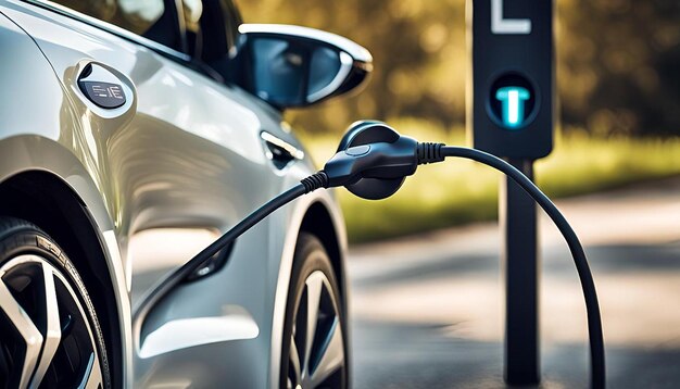 Closeup electric plug charging to ev car at at electric vehicle charging station