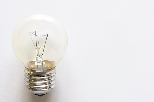 Closeup electronic bulb lamp on white background with copy space