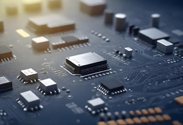 Closeup of an electronic circuit board with microchips and components