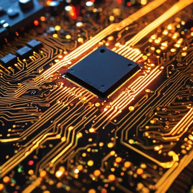 Closeup of electronic circuit board with microchips and microchips