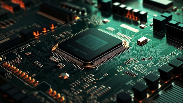 Closeup of electronic circuit boards and cpu microchips electronic components future big data conne