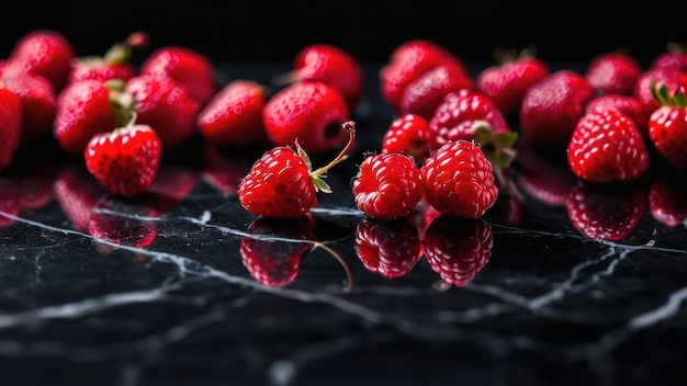 CloseUp Elegance Ripe Raspberries on a Marbled Black Countertop Reflected in Mirrors