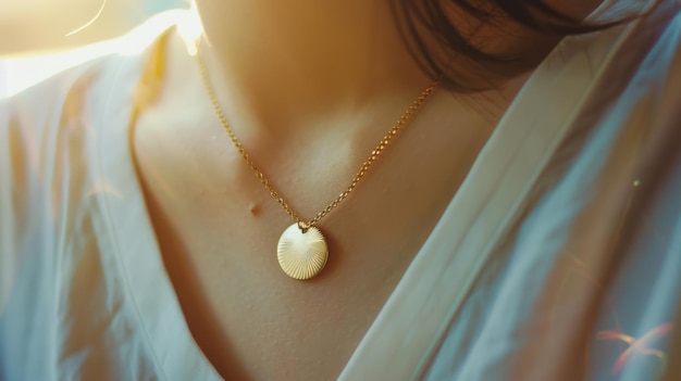 A closeup of an elegant gold seashell necklace resting against a womans neck beautifully captured in soft natural light