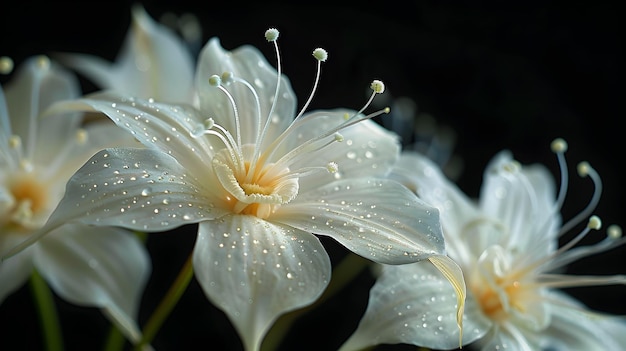 Closeup of Elegant White Flowers with Dew Drops Against a Dark Background