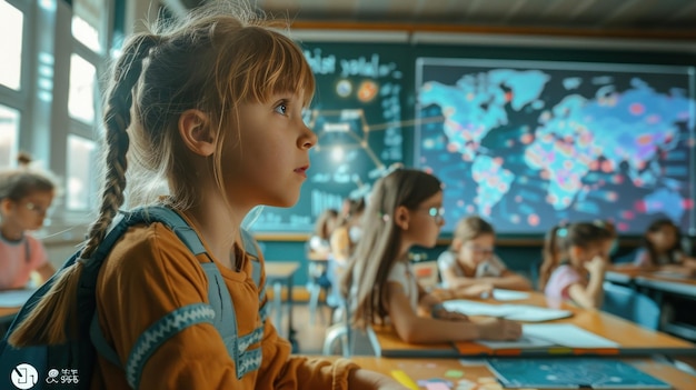 Photo a closeup of an elementary school student in a classroom with cgi technology shows how ai can contribute to a personalized learning experience and efficiency in the education system