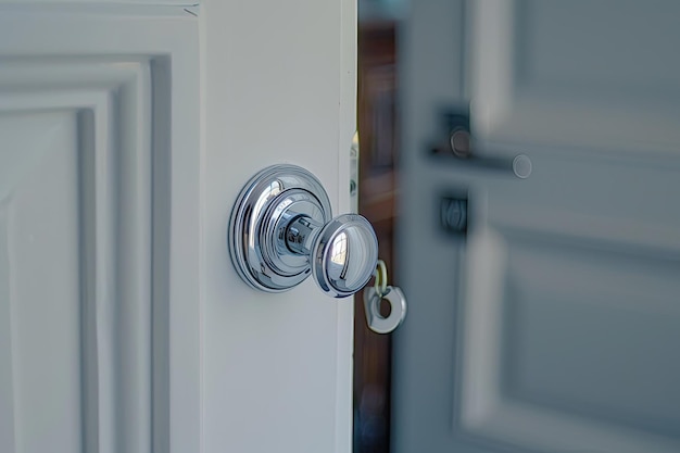 Closeup Elements of Apartment Interior with White Door Chrome Handle and Light Switch