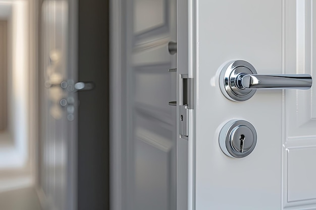 Closeup Elements of Apartment Interior with White Door Chrome Handle and Light Switch