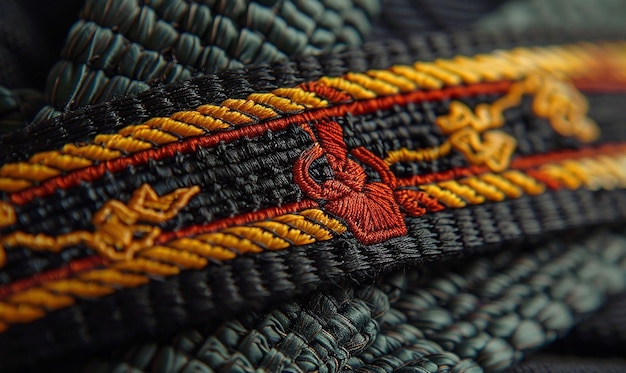 Photo closeup of embroidered black belt emblem