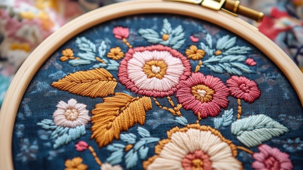 Photo closeup of embroidery hoop with floral design