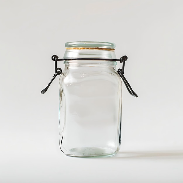 Photo closeup of empty glass jars against white background