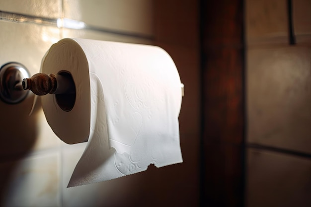 Closeup of empty toilet paper roll with a piece of toilet paper hanging out