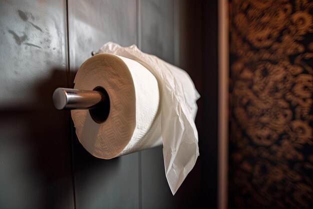 Closeup of empty toilet paper roll with tissues hanging off the end