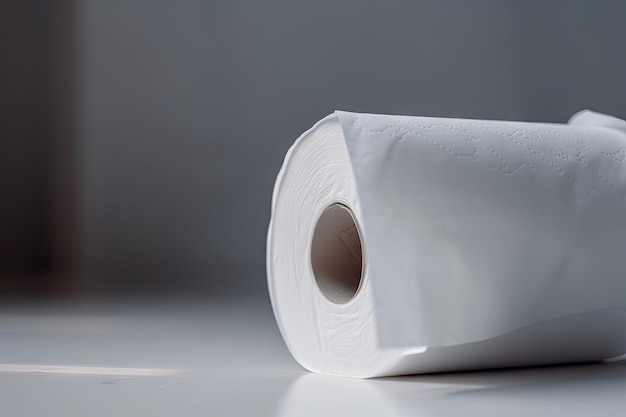 Closeup of empty toilet paper roll with whisper of paper on the background