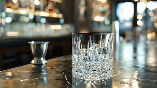 Closeup of an empty whiskey glass with ice cubes on a bar counter with a blurred background of bottles and glasses