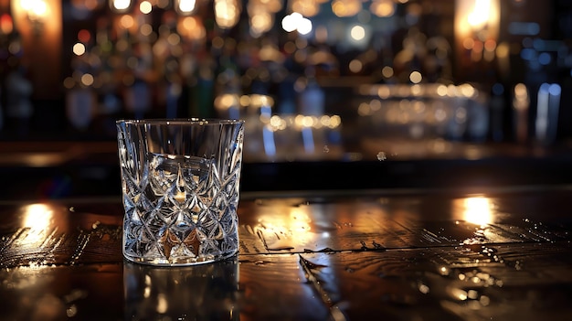 Closeup of an empty whiskey glass on a wooden bar counter with blurred background of dimly lit bar interior