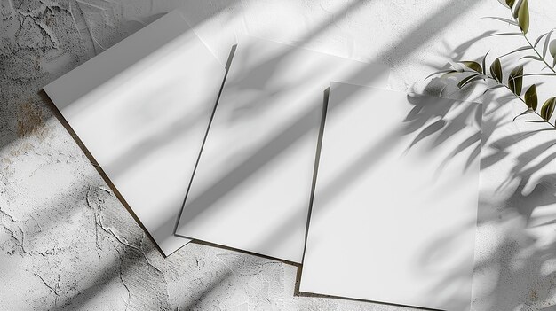 Photo closeup of empty white rectangle poster mockups lying