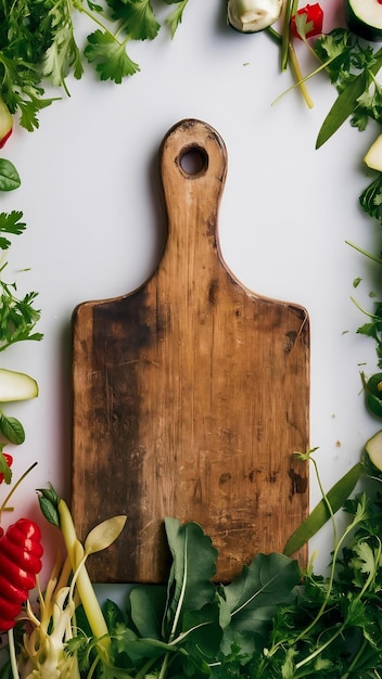 A closeup of an empty wooden board surrounded by greens and vegetables blank space