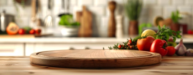 A closeup empty wooden round pizza board placed on the kitchen counter