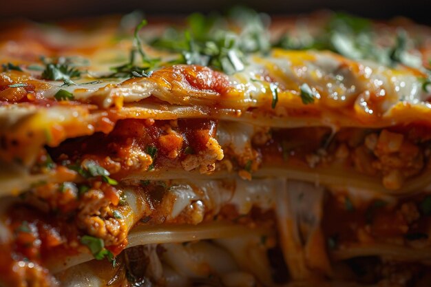 Closeup of enchilada crosssection focus on layers and filling