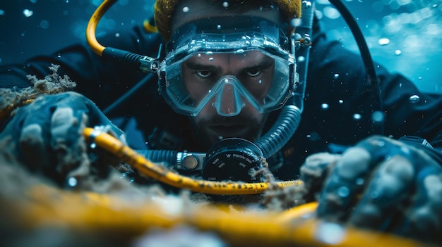 Photo closeup of an engineer adjusting underwater fiber optic cable connections