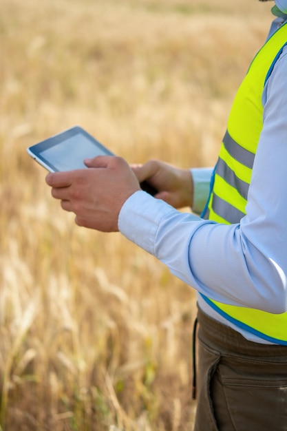 Closeup of an engineer's hands holding a folder in a wheat field in summer a closeup of an agronomis