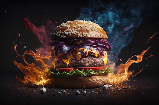 Closeup Epic chili wagyu steak Burger Explosions on table against black background