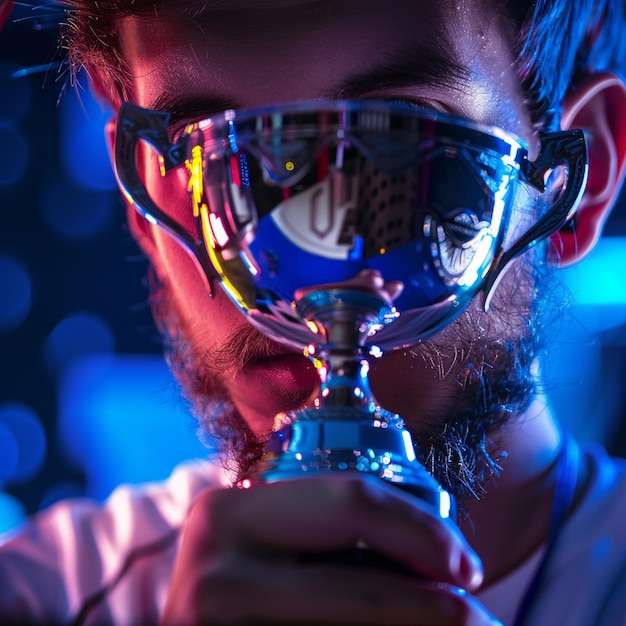 A closeup of an esports player holding a championship trophy