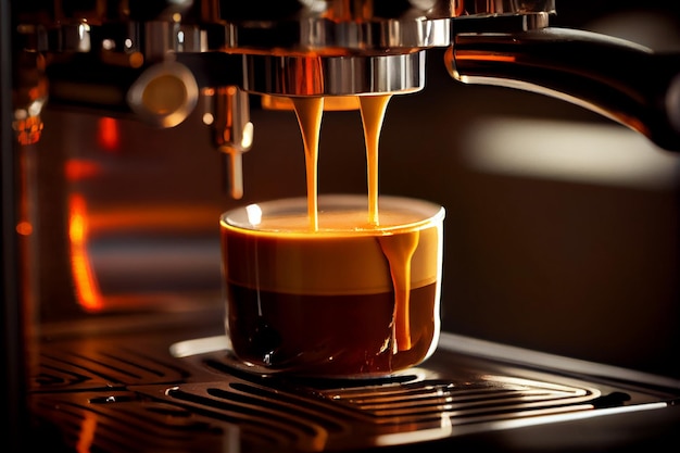 Closeup of espresso pouring from coffee machine Professional coffee brewing AI Generated