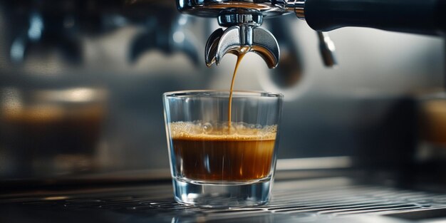 Photo closeup of espresso pouring into cup blurred kitchen background and focus on the rich brown liquid