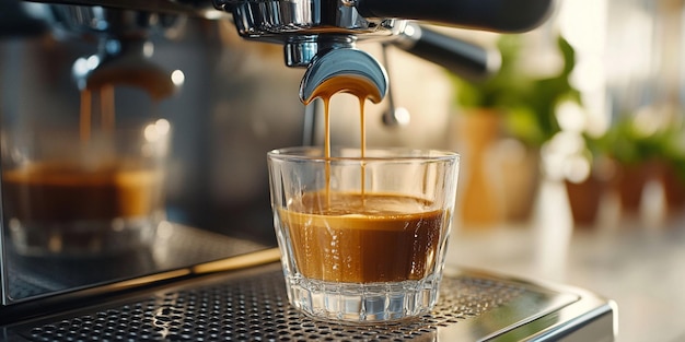 Photo closeup of espresso pouring into cup blurred kitchen background and focus on the rich brown liquid