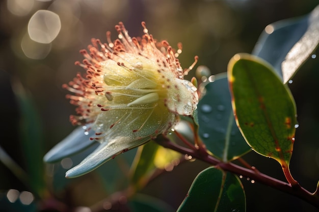 Closeup of eucalyptus flower with dew drops and morning sunrays