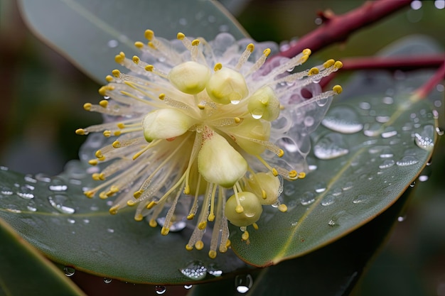 Closeup of eucalyptus flower with dew drops on petals