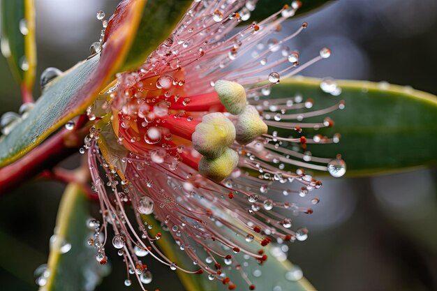 Closeup of eucalyptus flower with dewdrop visible