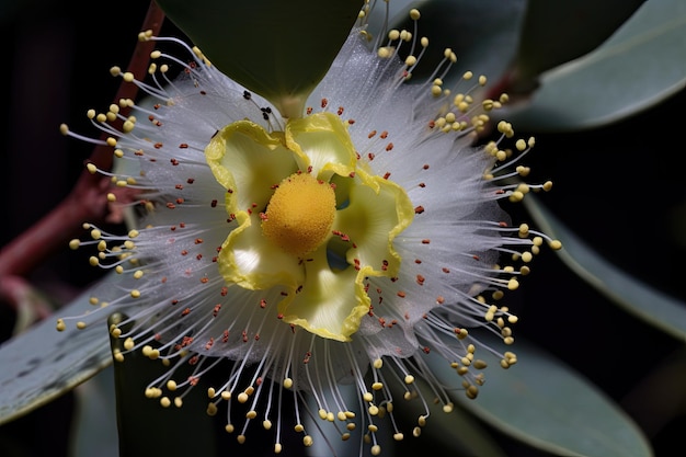 Closeup of eucalyptus flower with its delicate petals and yellow center in full view